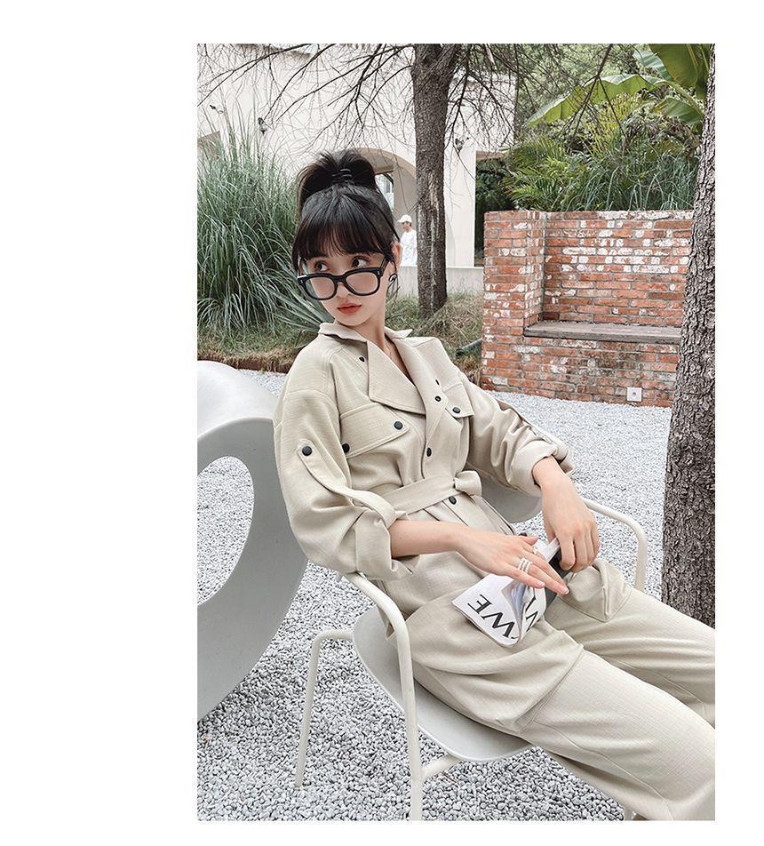 Long-Sleeve Collared Plain Button Jumpsuit Product Image