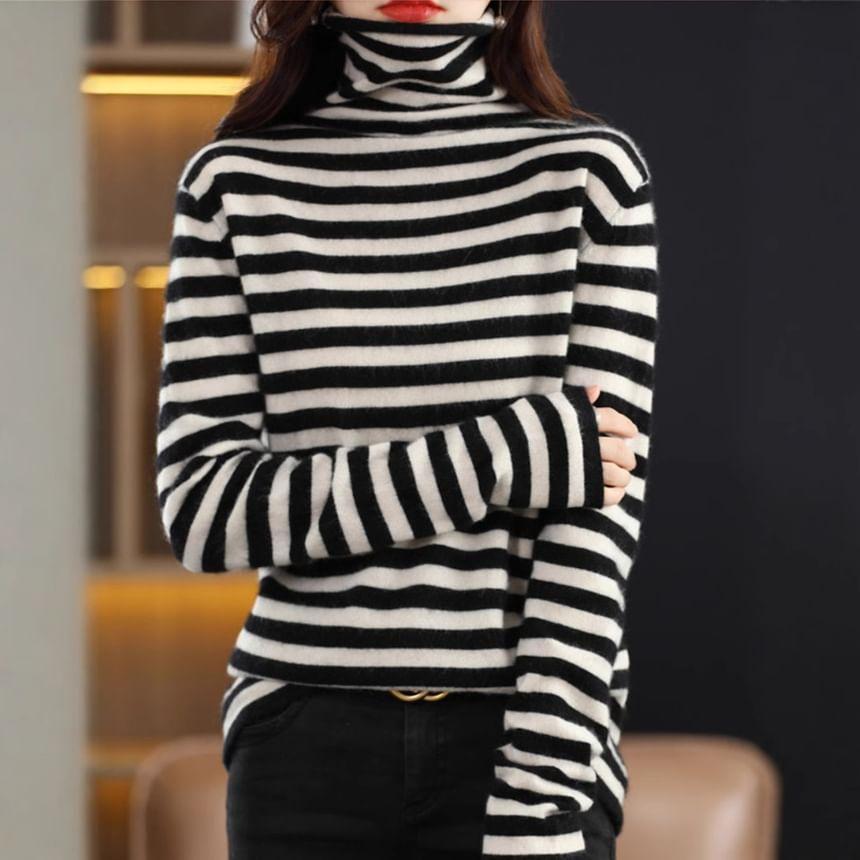 Long-Sleeve Turtleneck Plain Knit Top Product Image