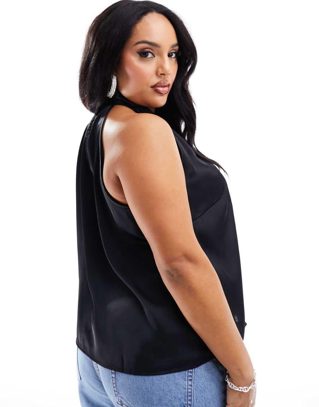 Pieces Curve high neck satin key hole detail top in black Product Image