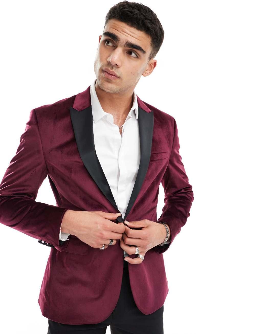 ASOS DESIGN skinny velvet tuxedo blazer in burgundy Product Image