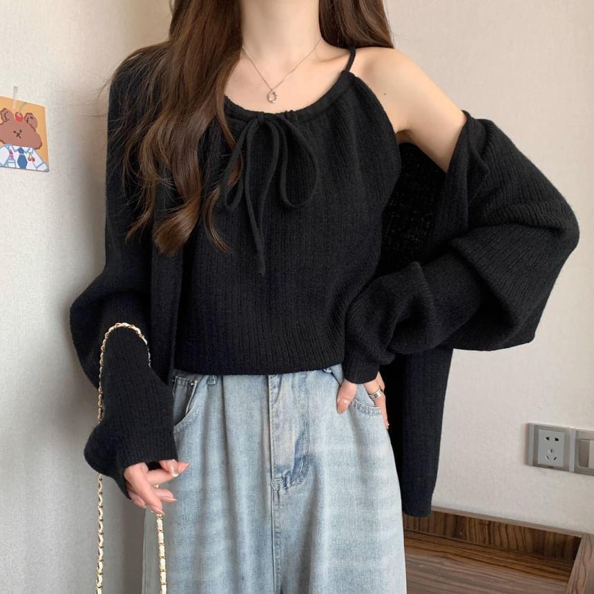 Set: Plain Bow Cami Top + Cardigan Product Image