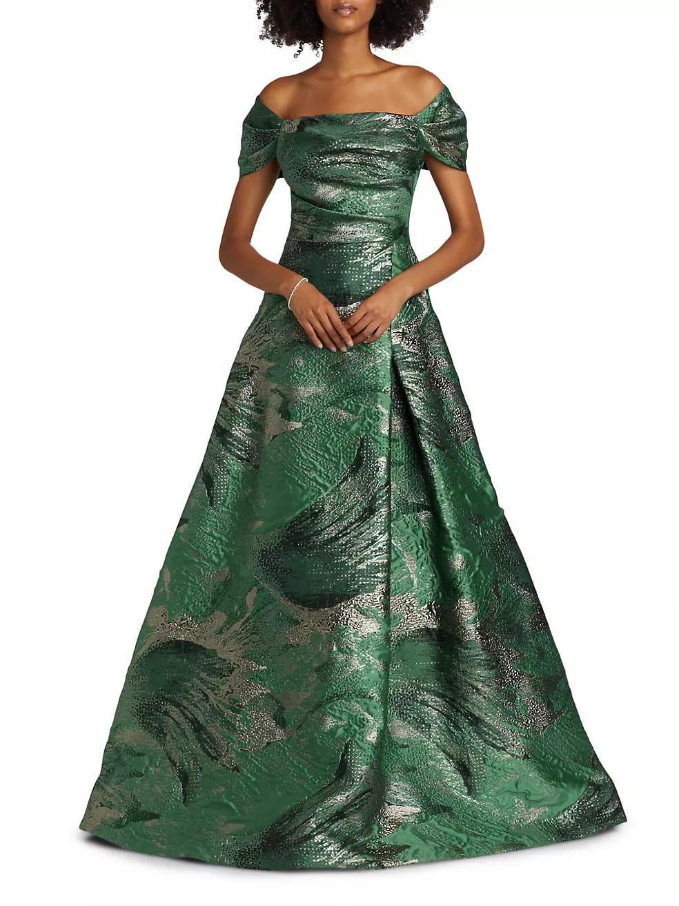 Leaf Metallic Jacquard Off-the-Shoulder Gown Product Image