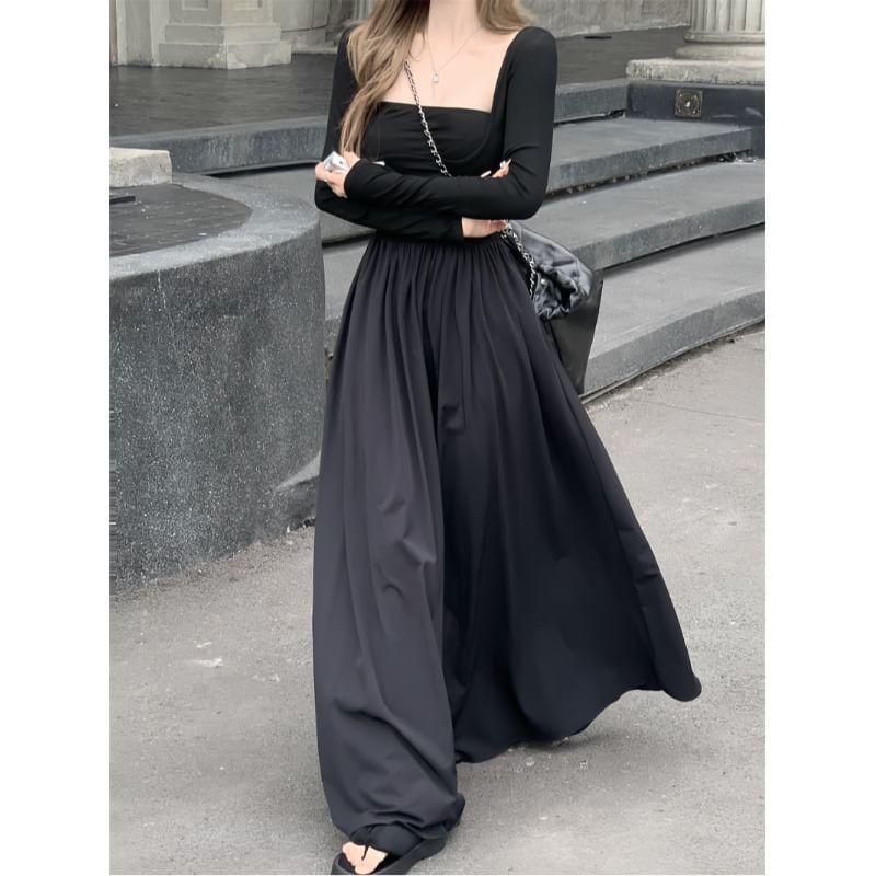 Long Sleeve Square Neck Plain Mock Two Piece Gathered Panel Maxi A-Line Dress Product Image