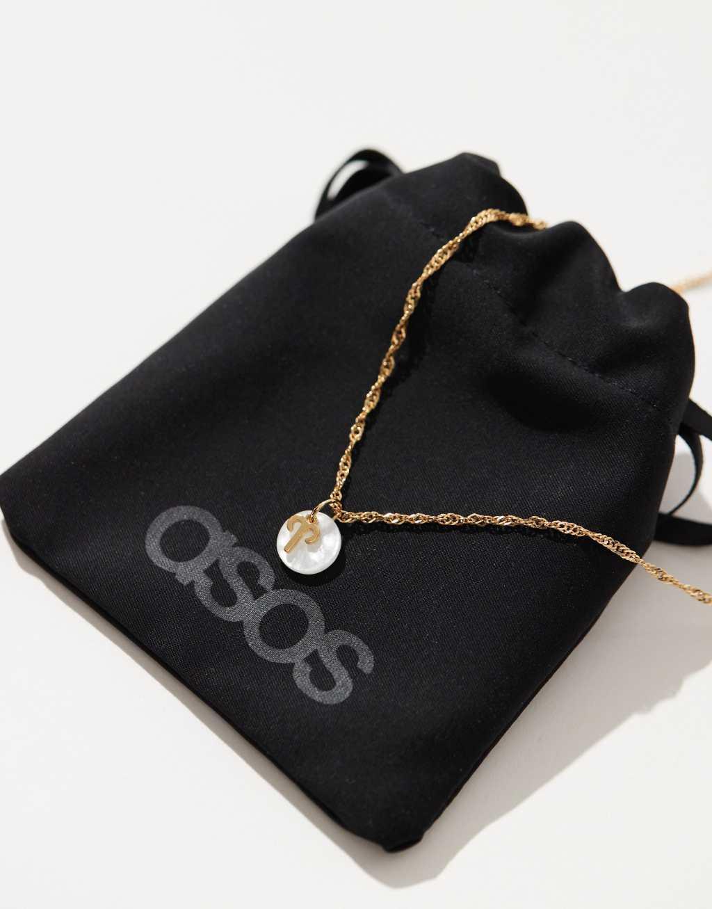 ASOS DESIGN 14k gold plated necklace with Aries zodiac and faux pearl disc design with gift bag Product Image