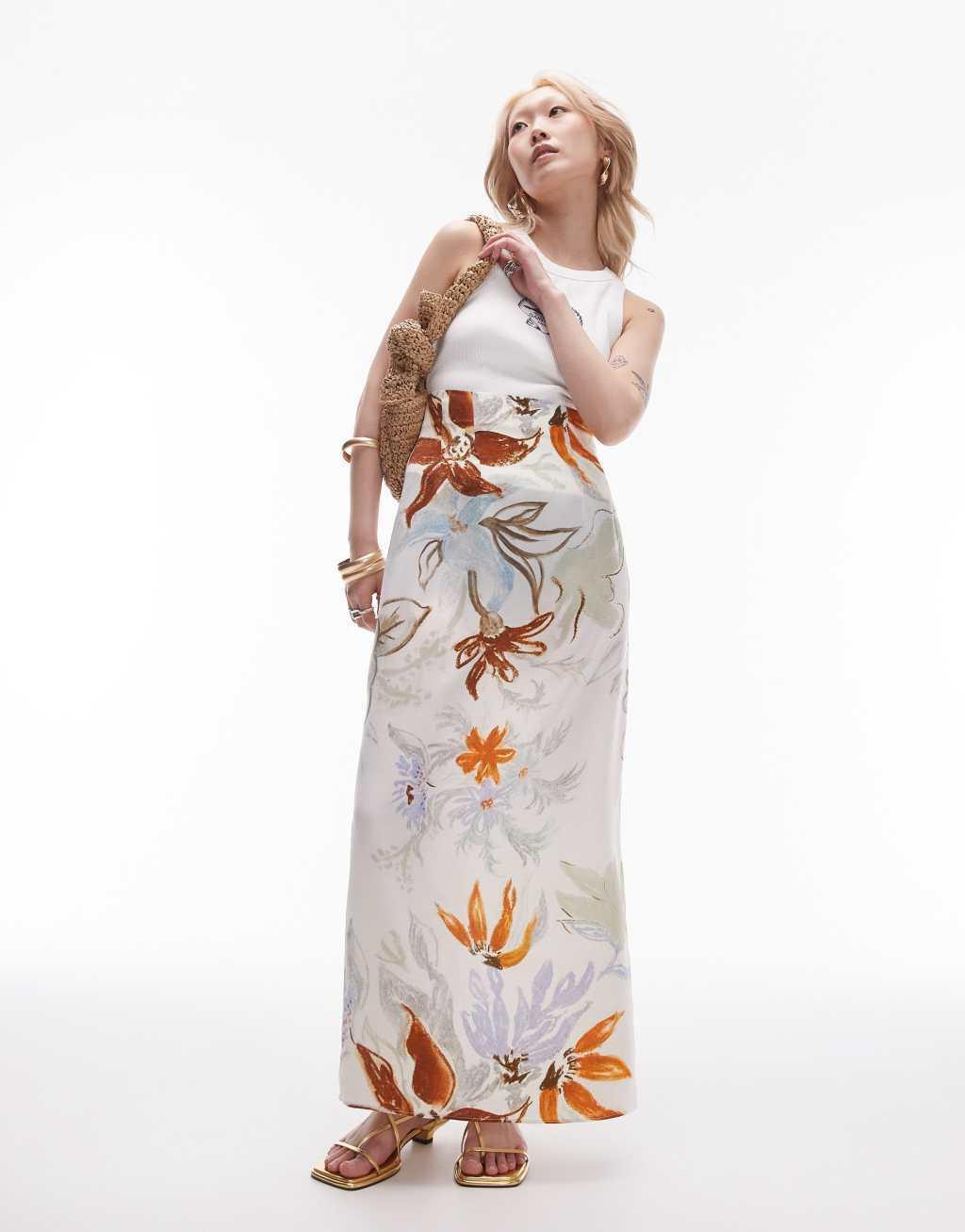 Topshop Petite super high waist maxi skirt in multi tropical floral print  Product Image