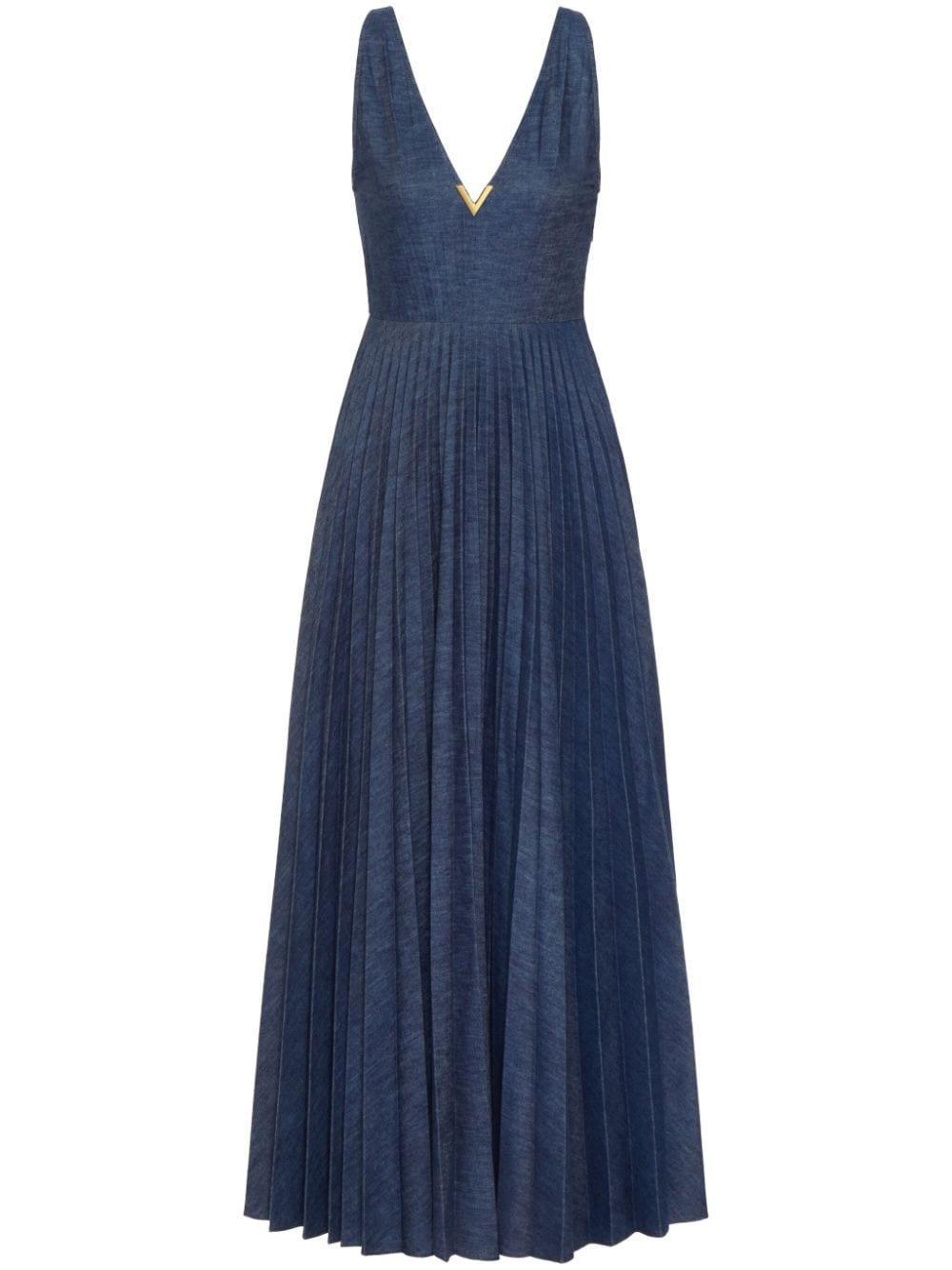 Pleated Denim Maxi Dress In Medium Wash Product Image