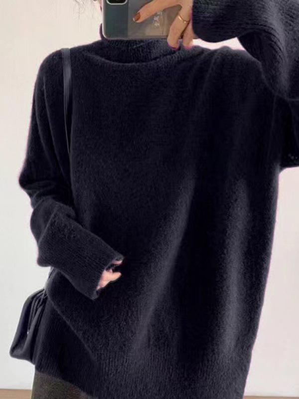 Casual Long Sleeves Loose Solid Color High-Neck Sweater Tops product image