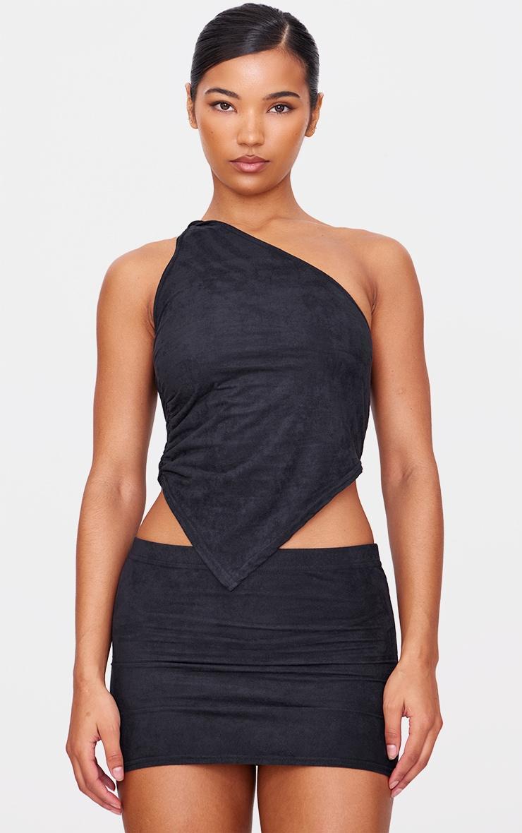 Black Faux Suede Twist Detail One Shoulder Top Product Image