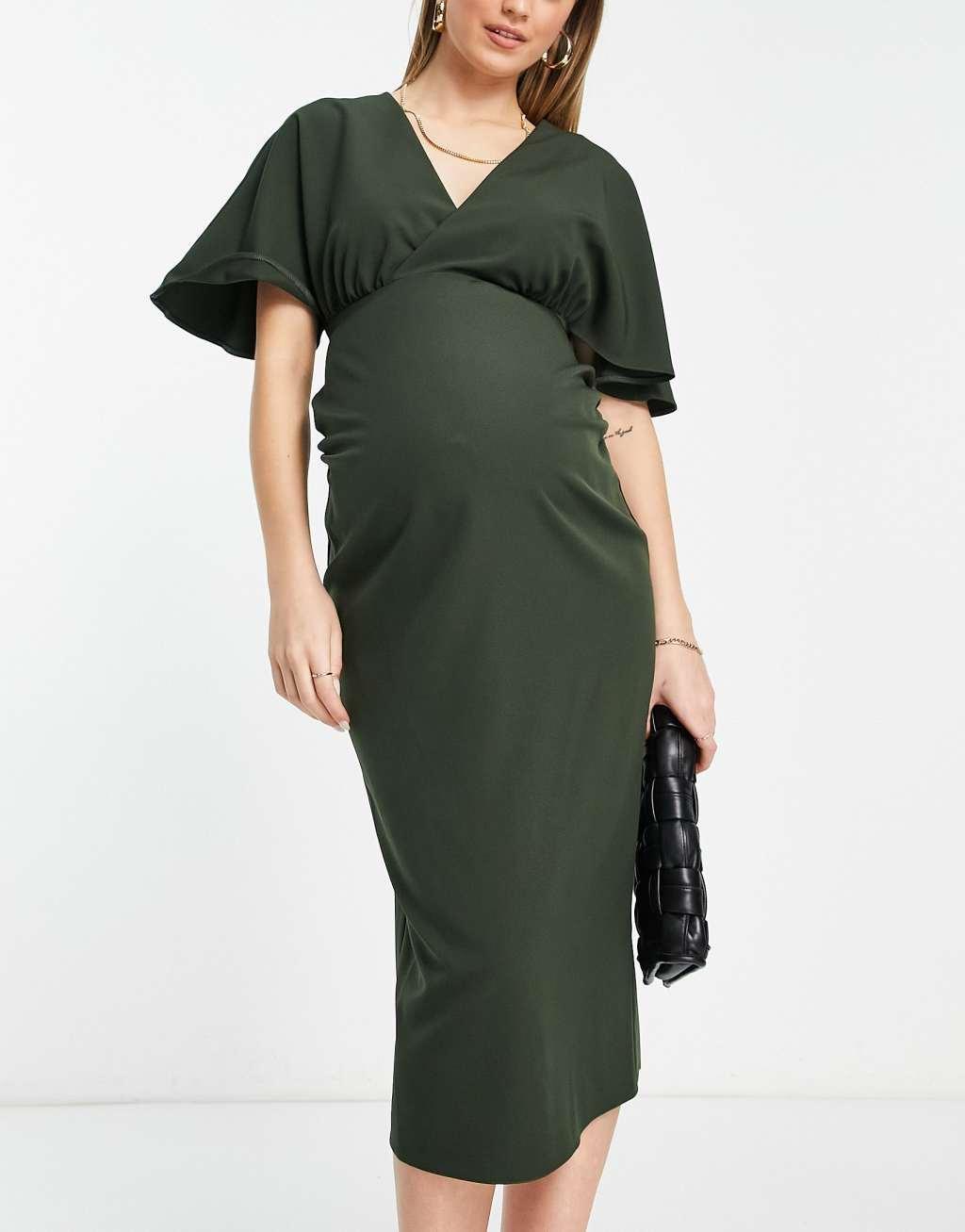 ASOS DESIGN Maternity pleated blouson midi dress in khaki Product Image