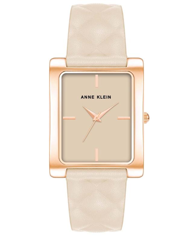 Anne Klein Womens Three Hand Quartz Rectangular Rose Gold-Tone Alloy and Ivory Genuine Leather Strap Watch, 32mm - Rose Gold Product Image