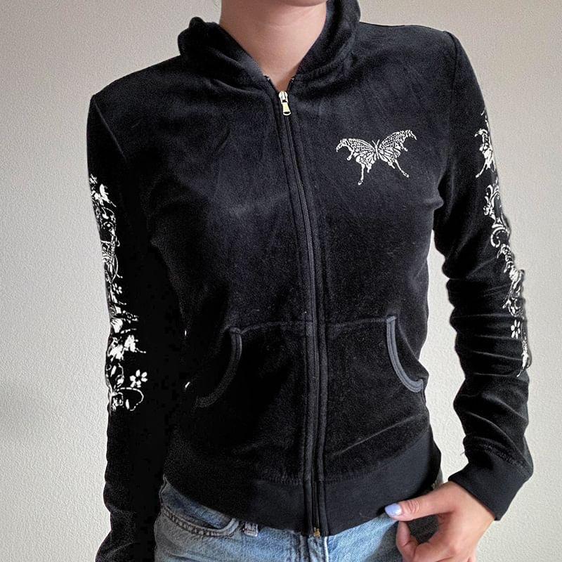 Butterfly Print Zip-Up Velvet Crop Hoodie Product Image