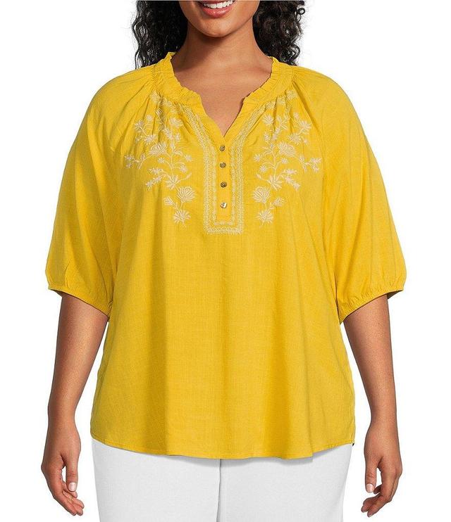 Westbound Plus Size 3/4 Sleeve Ruffle V-Neck Embroidered Yoke Partial Button Front Top Product Image