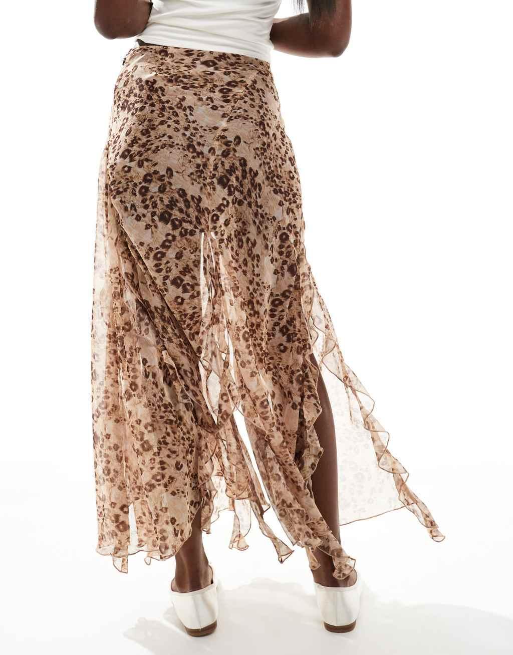 Miss Selfridge chiffon ruffle slit maxi skirt in animal print Product Image