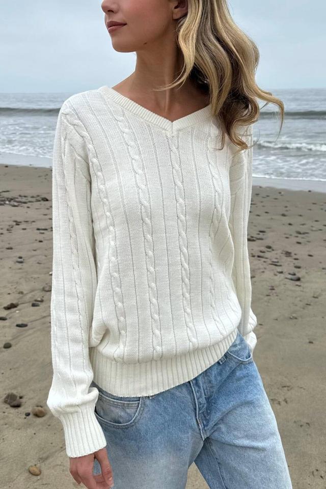 Ida Cotton Cable Knit V-Neck Sweater Product Image