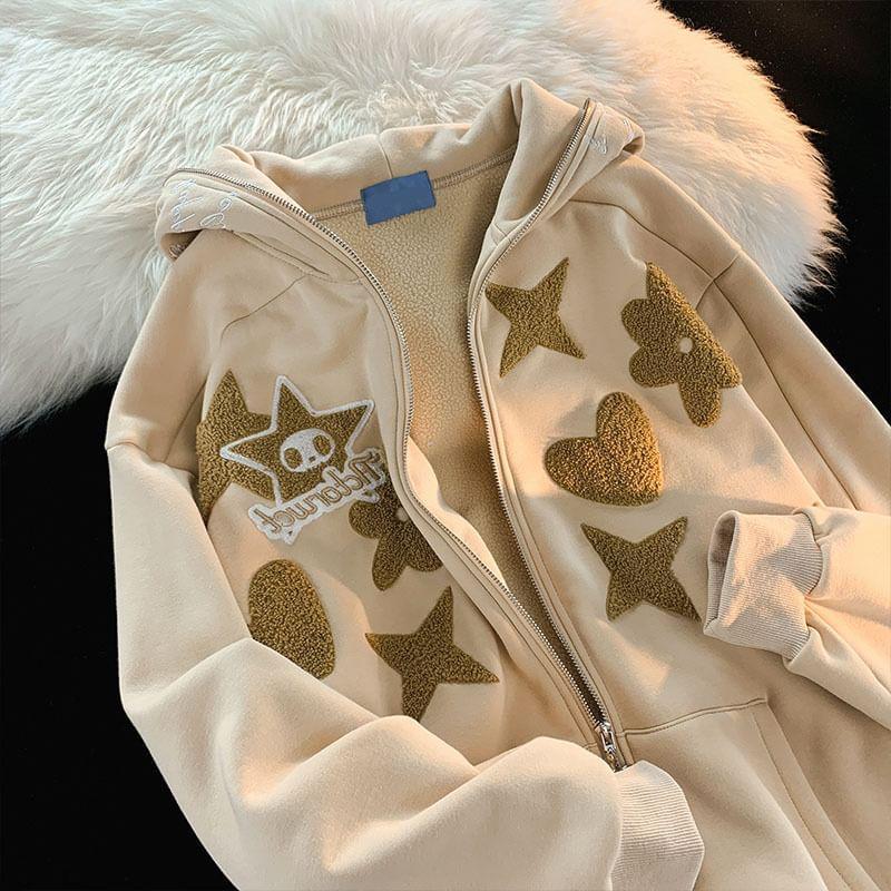 Long Sleeve Star Embroidered Loose-Fit Zip-Up Hooded Jacket Product Image