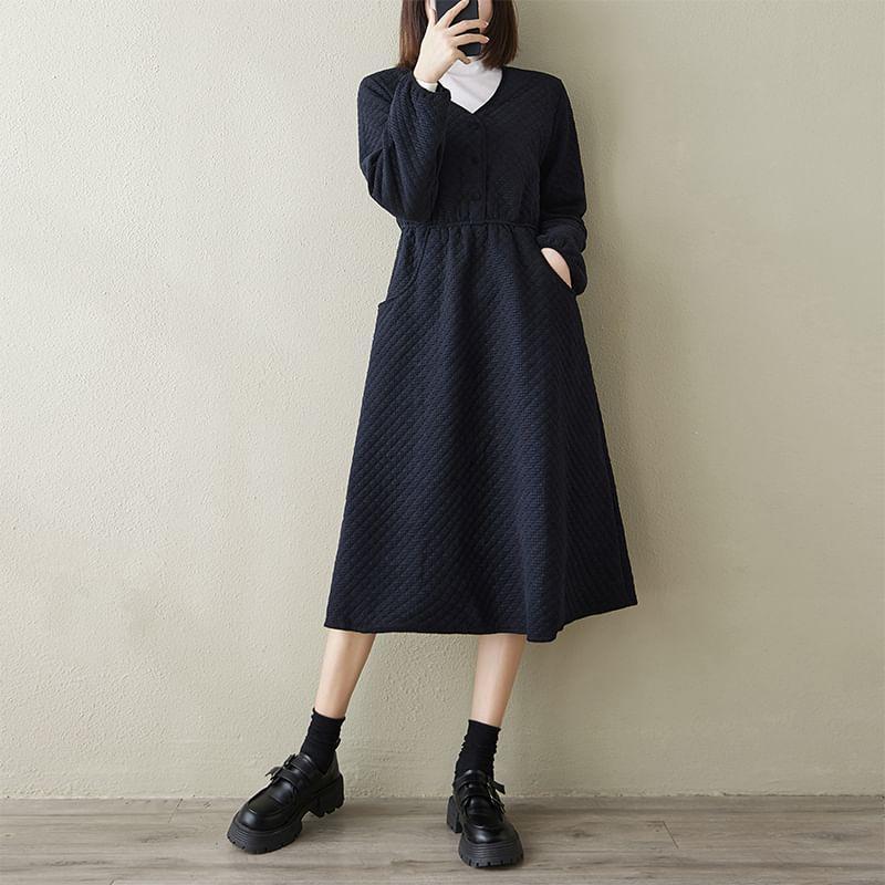 Long-Sleeve V-Neck Plain Quilted Half-Buttoned Midi A-Line Dress Product Image