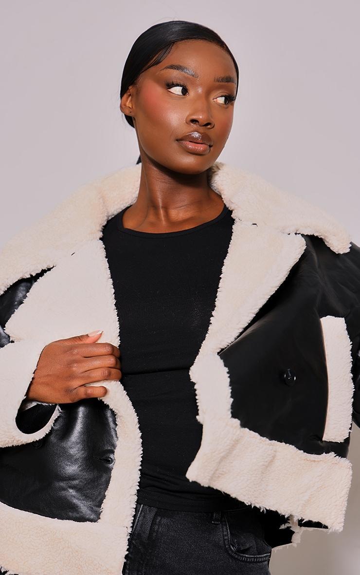 Plus Black Faux Leather Faux Fur Trim Coat Product Image