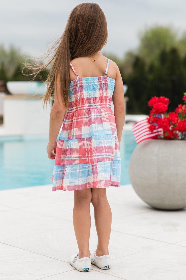 Kid's Tea With You Red and Light Blue Plaid Gauze Dress Product Image