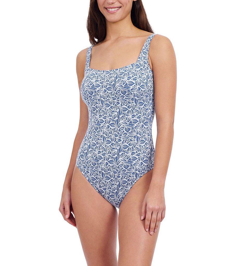 Profile By Gottex Plumeria Texture Knit Leafy Print Square Neck Underwire One-Piece Swimsuit Product Image