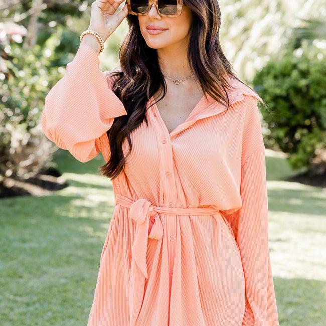 Something To Say Long Sleeve Orange Plisse Shirt Dress FINAL SALE Product Image