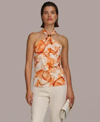 Donna Karan Womens Printed Halter-Neck Hardware-Detail Top Product Image