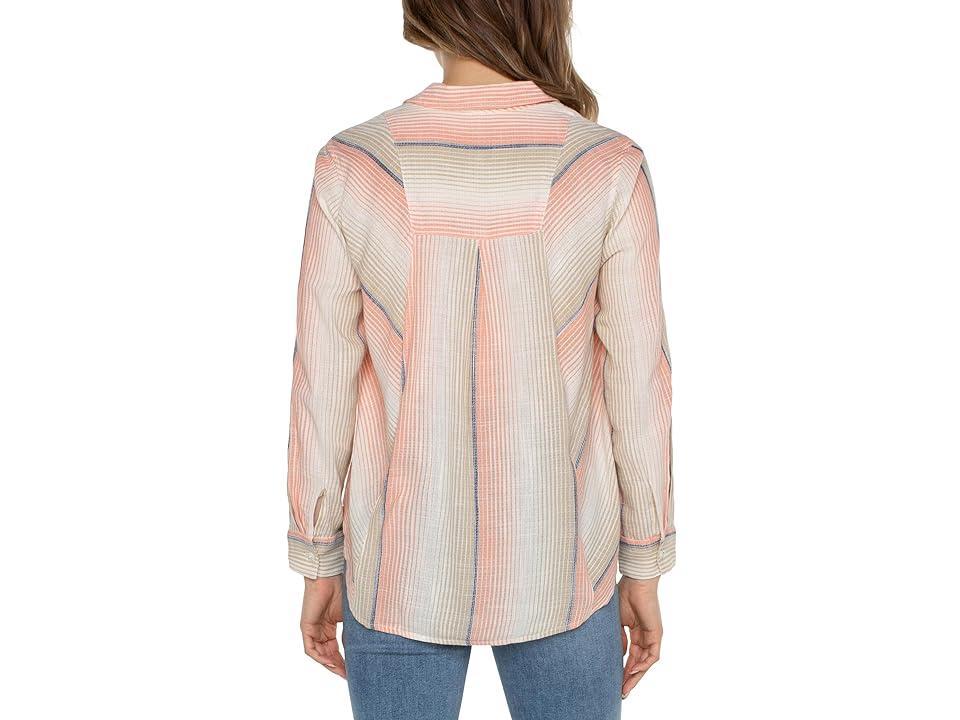 Liverpool Los Angeles Button Front Shirt with 3/4 Sleeve Ombre Woven Stripe (Orange Tan Multi) Women's Clothing Product Image