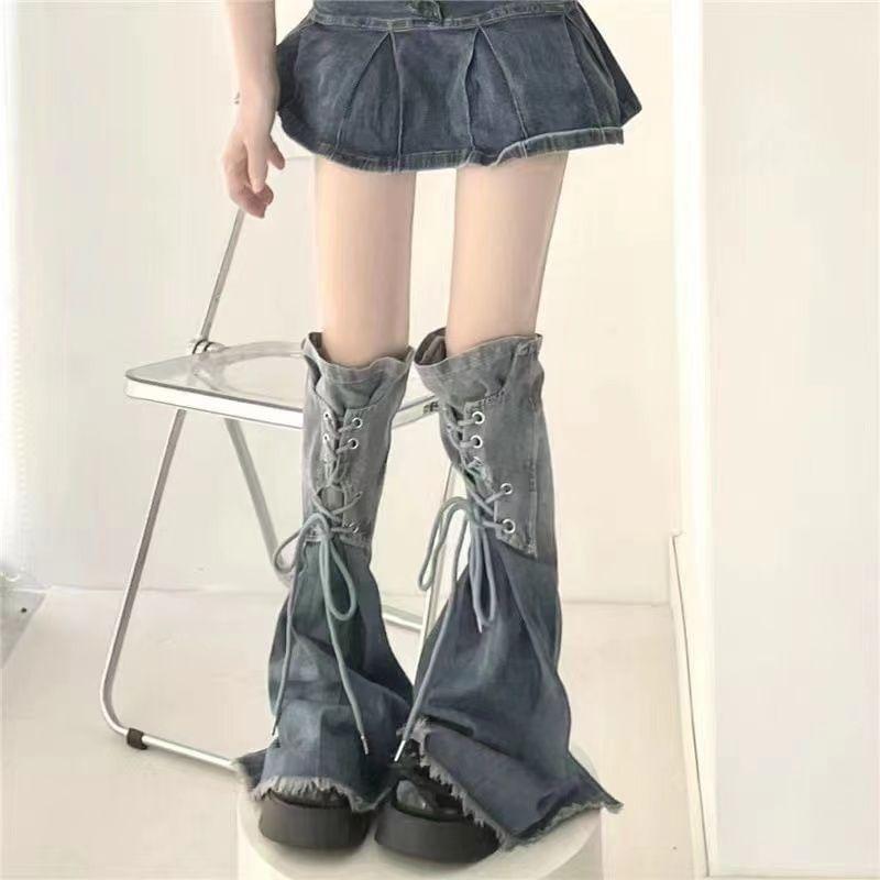 Washed Fray Lace Up Denim Leg Warmers Product Image