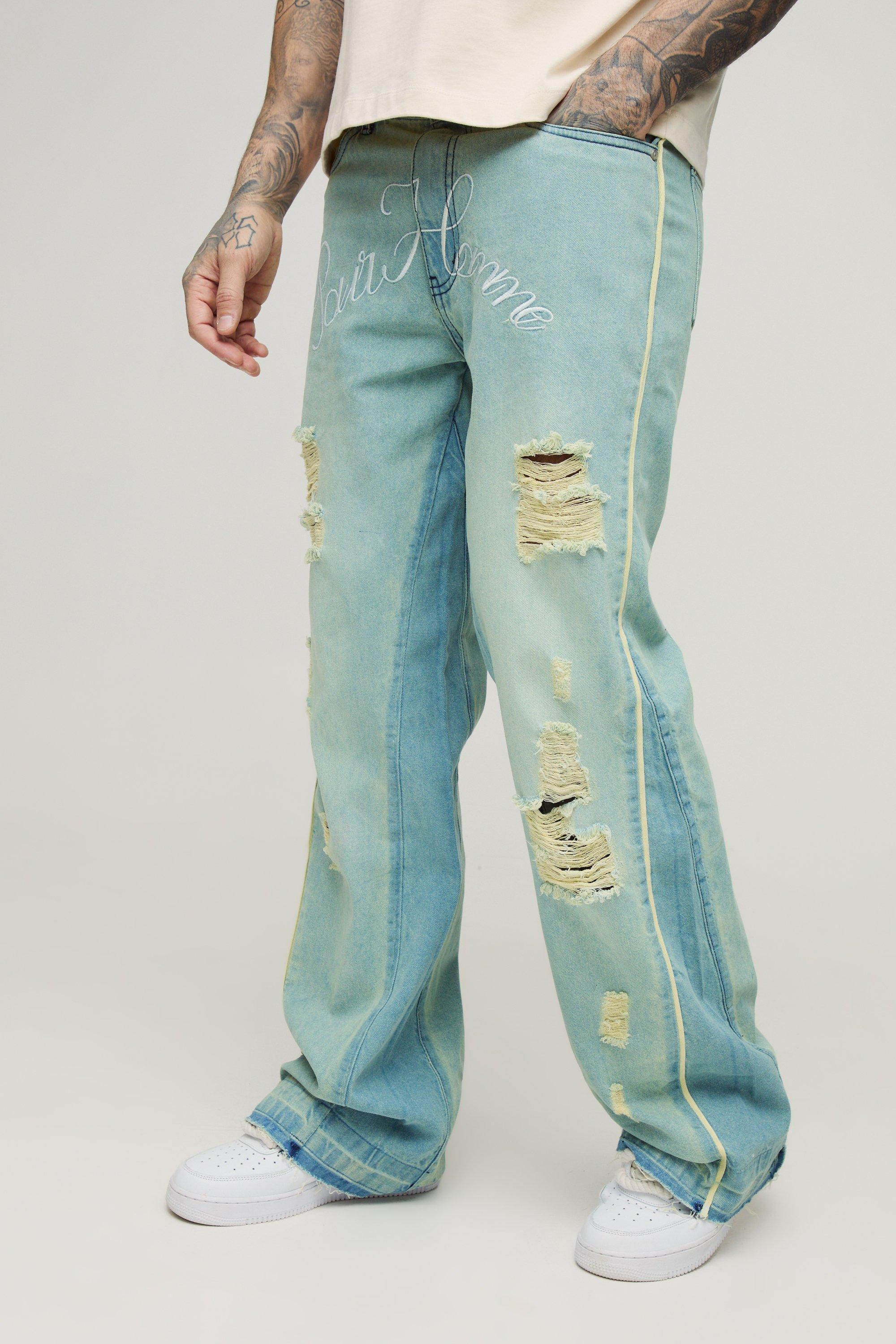 Tall Crotch Embroidered Distressed Gusset Flared Jeans | boohooMAN USA Product Image