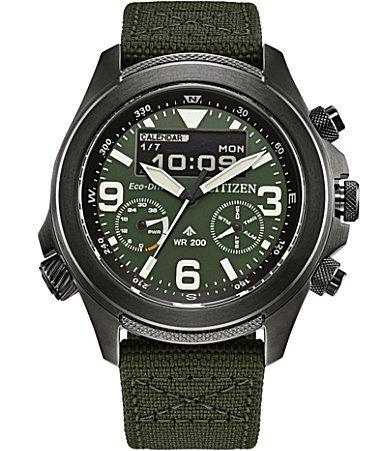 Citizen Mens Eco WR200 Chronograph Green Fabric Strap Watch Product Image