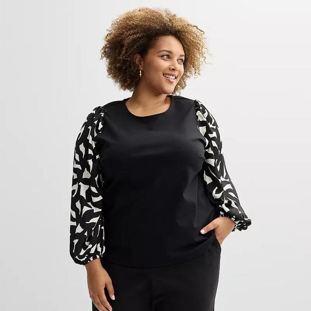 Plus Size Nine West Mixed Long Puff Sleeve Crewneck Top, Womens Product Image