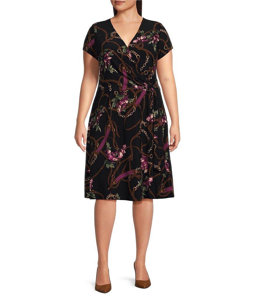 Lauren Ralph Lauren Plus Size Short Sleeve V-neck Tie Waist Printed Dress Product Image