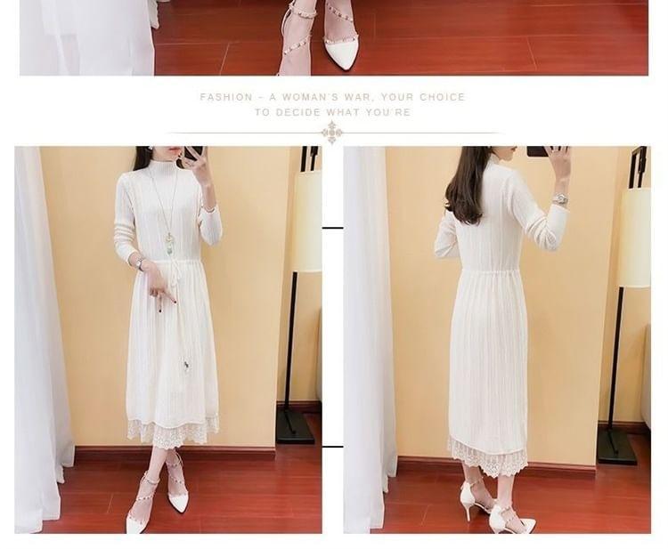 Long-Sleeve Mock Neck Plain Lace Panel Drawstring Waist Midi A-Line Knit Dress Product Image