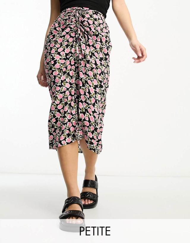 Miss Selfridge Petite ruched front midi skirt in black rose  Product Image