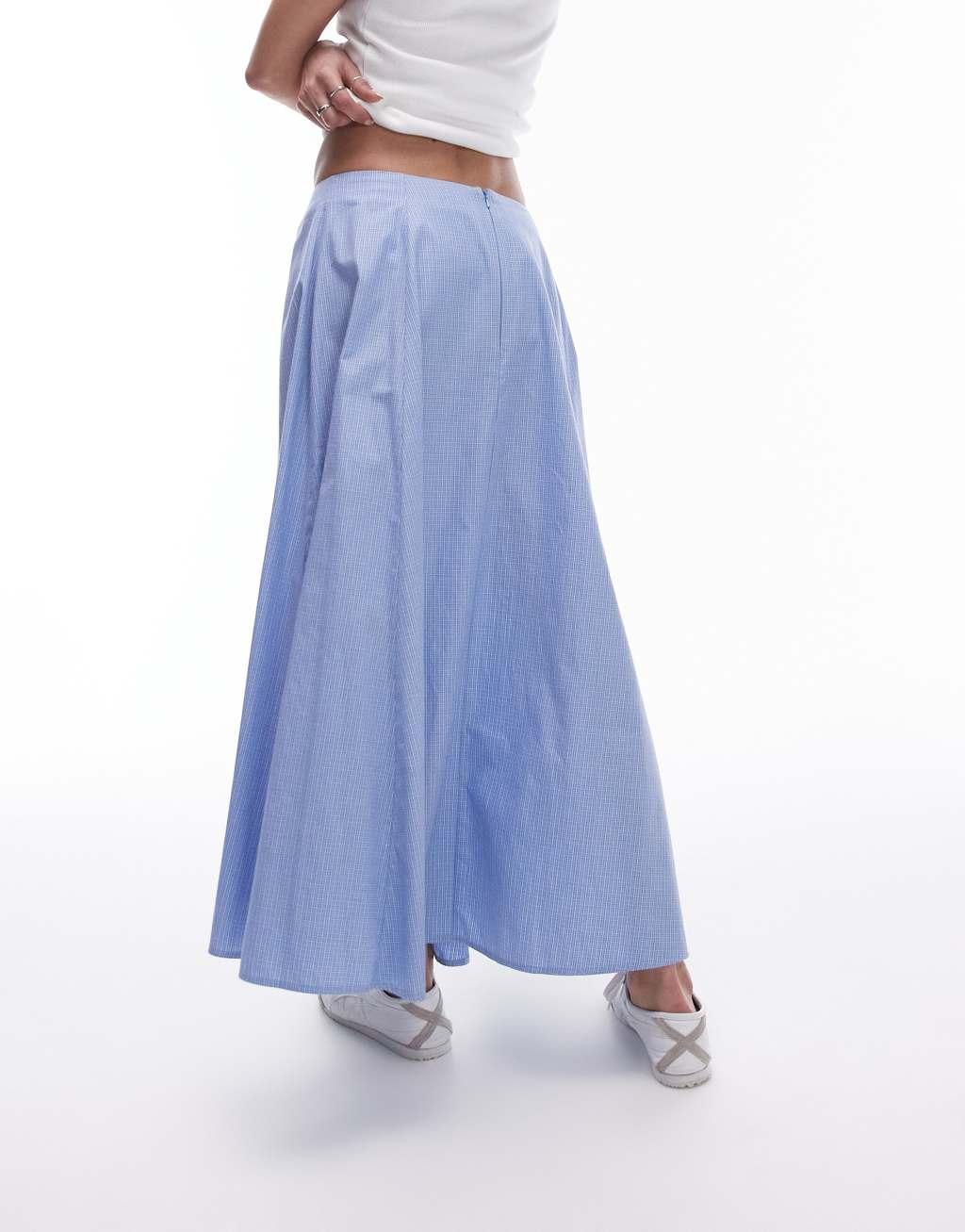 Topshop midi cotton full skirt in blue micro plaid Product Image