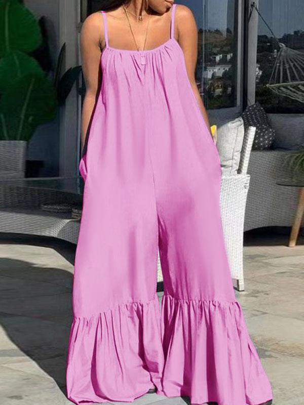 Loose Sleeveless Pleated Pockets Solid Color Split-Joint Spaghetti-Neck Jumpsuits Product Image