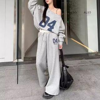 Off Shoulder Numbering Pullover / High Waist Wide Leg Sweatpants Product Image