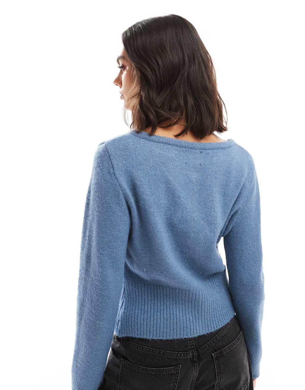 ASOS DESIGN fluffy knit cardigan in dusty blue Product Image