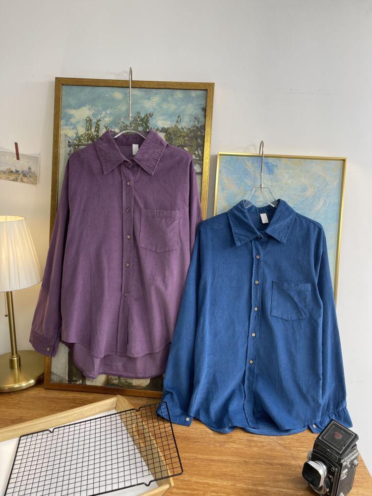 Long-Sleeve Plain Button-Up Shirt Product Image