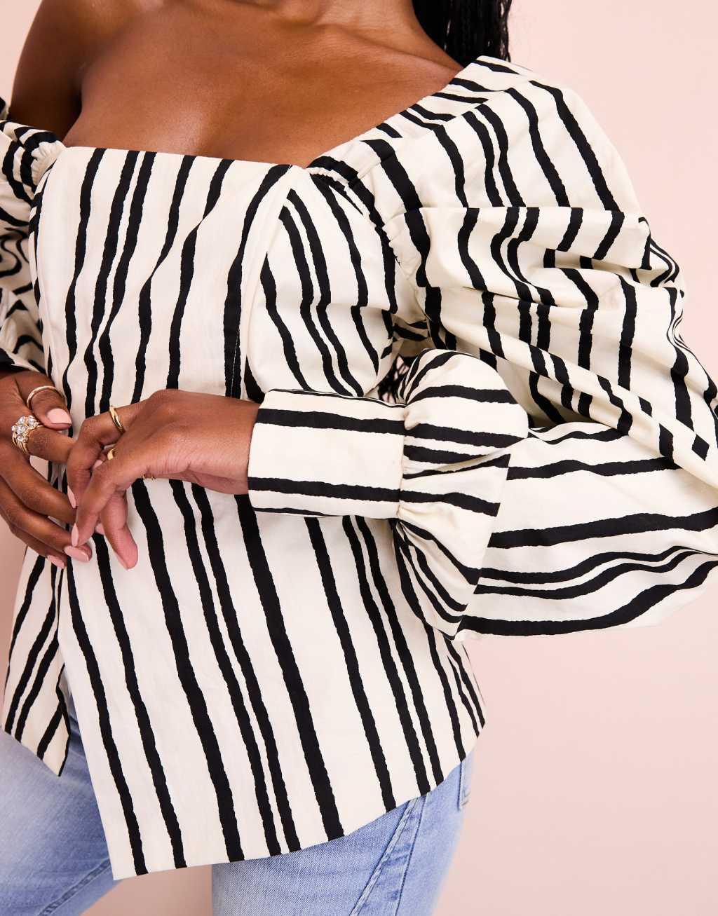 ASOS LUXE cotton poplin exaggerated sleeve top in black and cream stripe Product Image