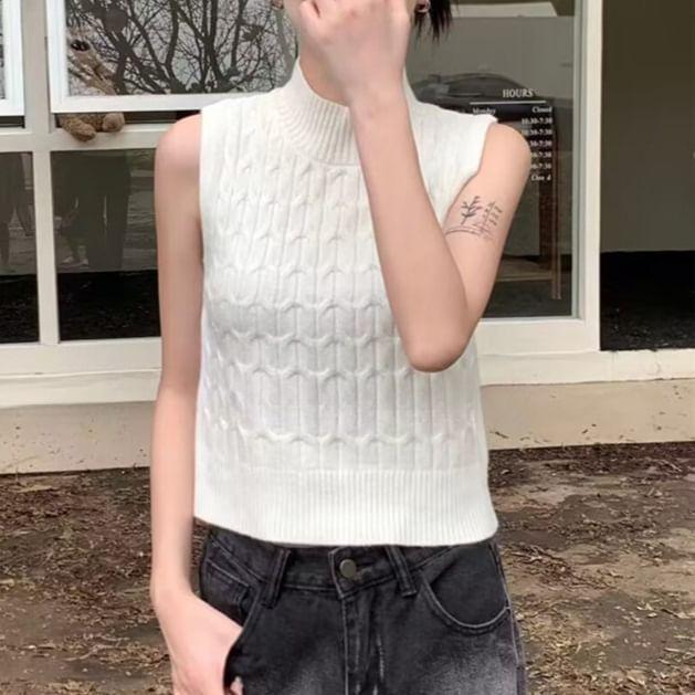 Mock Neck Plain Cable Knit Crop Tank Top Product Image