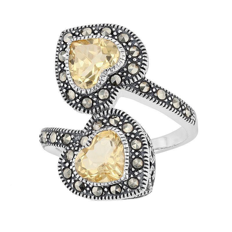 Lavish by TJM Sterling Silver Citrine & Marcasite Double Heart Bypass Ring, Womens Product Image