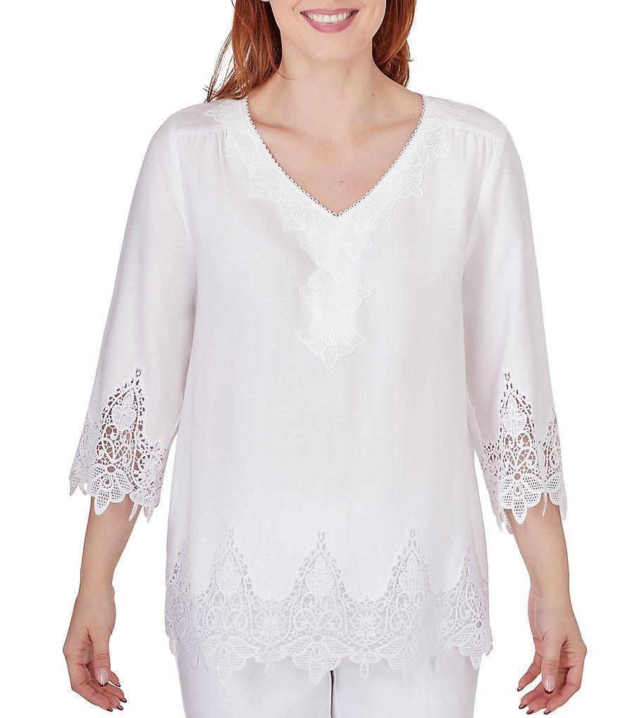 Ruby Rd. Petite Size Twill Embroidered V-Neck 3/4 Sleeve Scalloped Hem Top Product Image