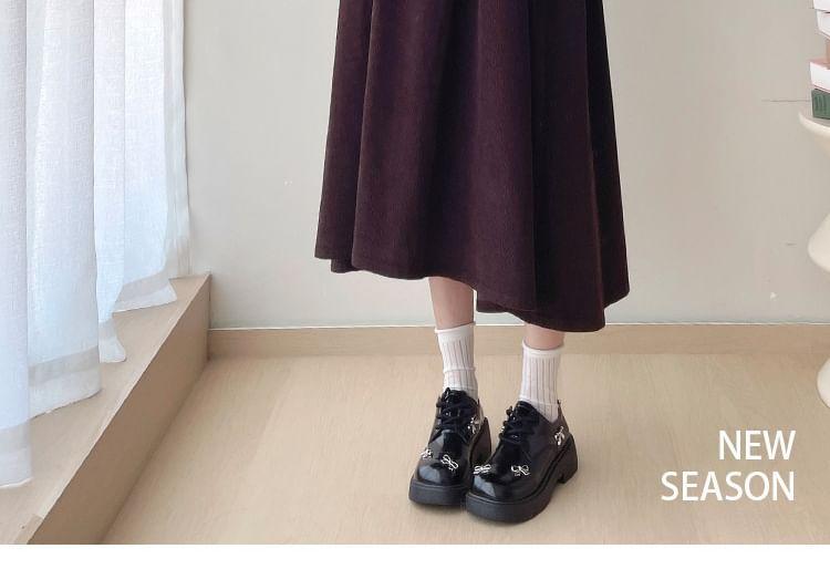 Maternity Long-Sleeve Mock Neck Plain Knit Top / Corduroy Midi A-Line Dungaree Dress / Set Product Image