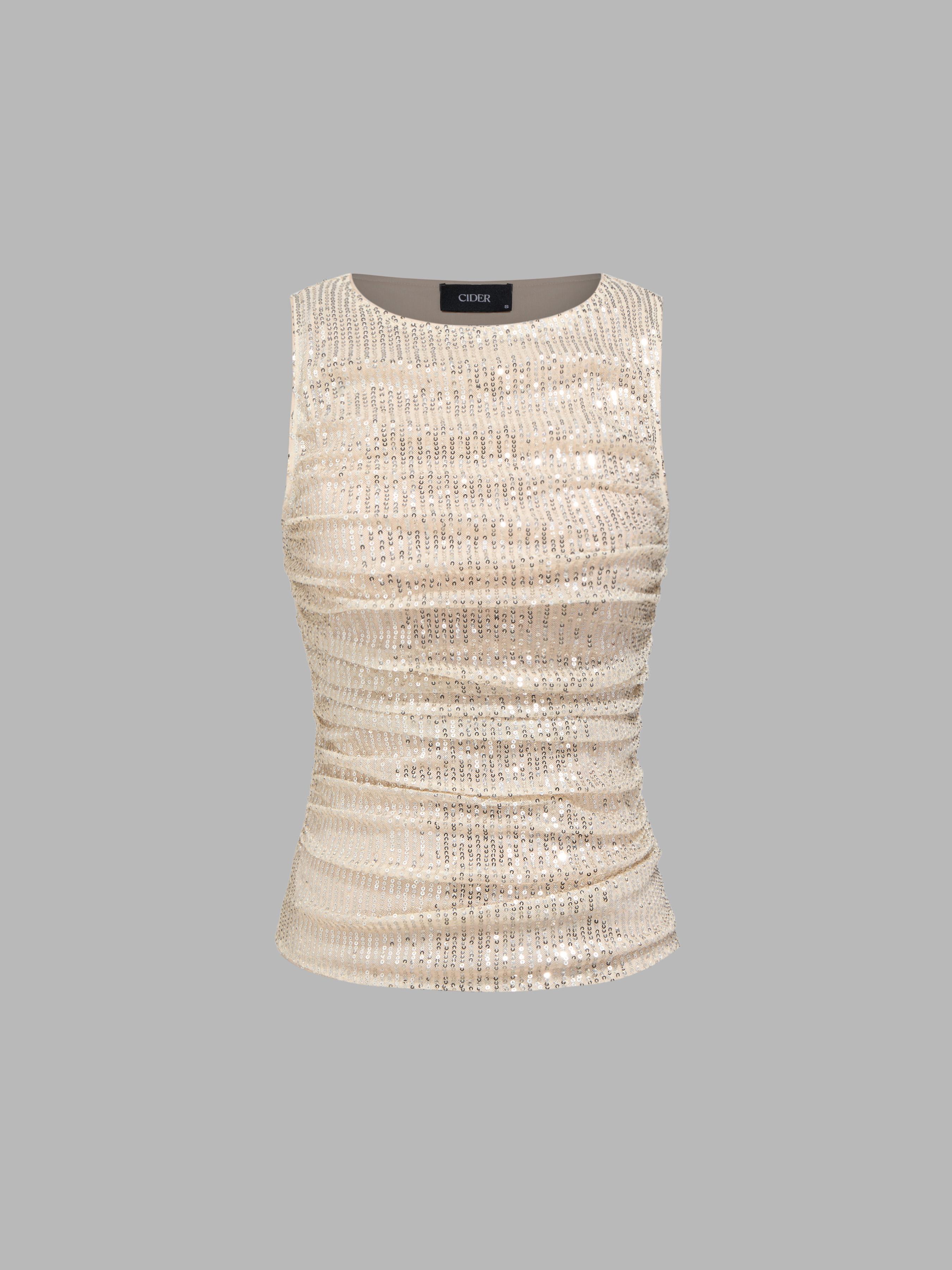 Sequins Round Neckline Ruched Tank Top Product Image