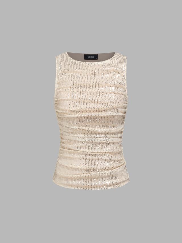 Sequins Round Neckline Ruched Tank Top Product Image