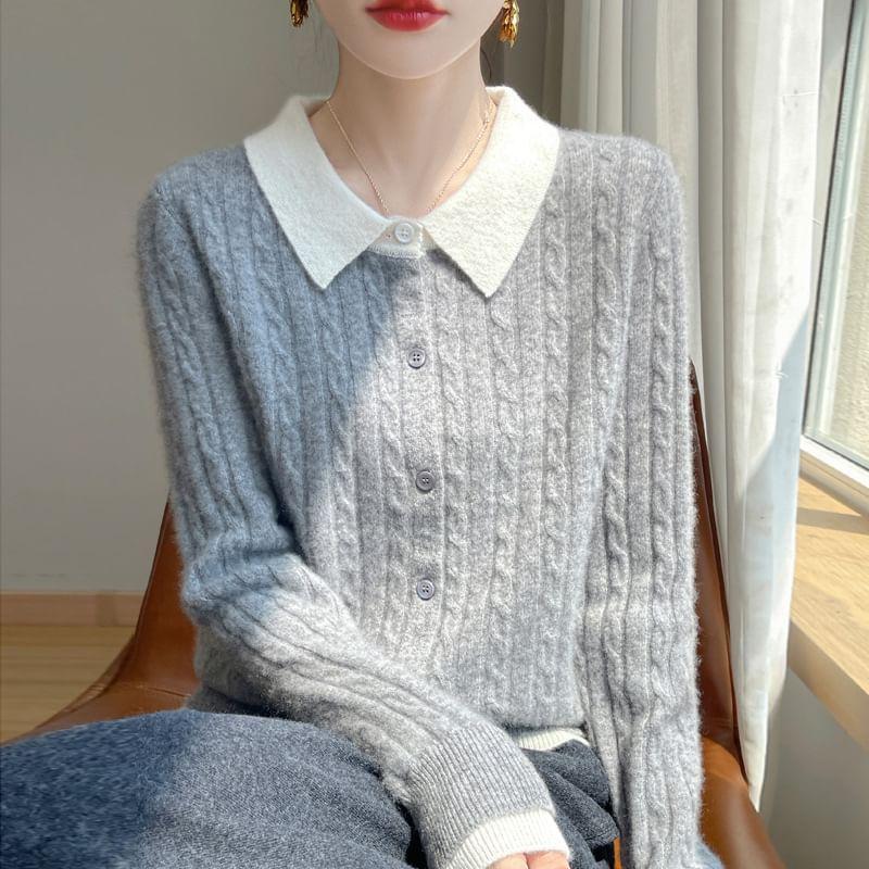 Mock Two-Piece Collared Cable Knit Cardigan Product Image