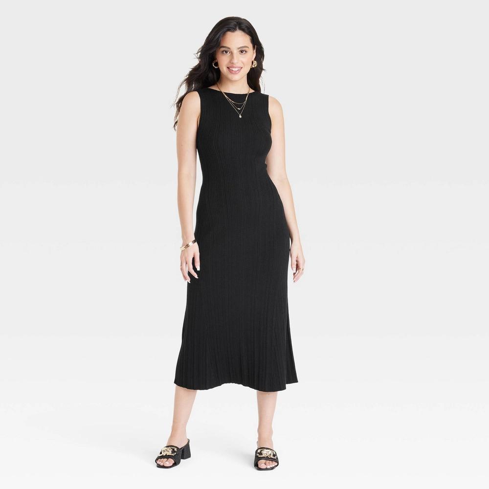 Women's Faux Plisse Midi Sweater Dress - A New Day™ Black M Product Image