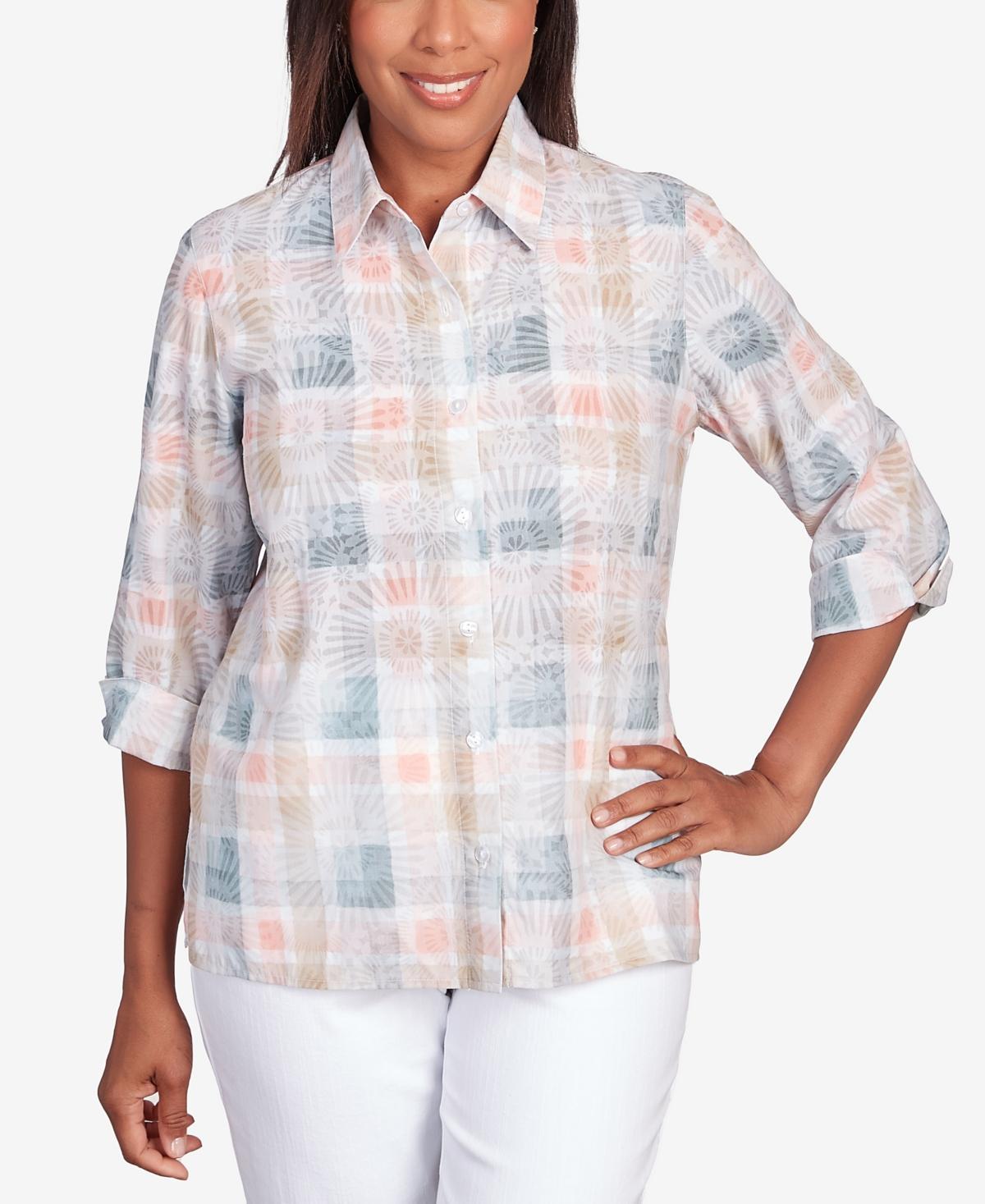 Alfred Dunner Womens Classic Neutrals Neutral Plaid Button Down Top Product Image