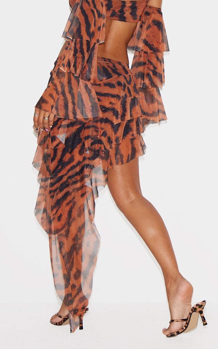 Brown Animal Printed Mesh Rara Asymmetric Maxi Skirt Product Image