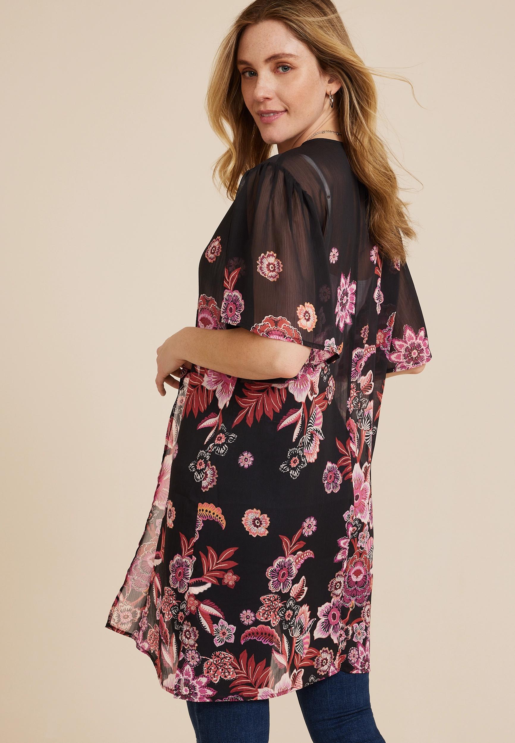 Black Floral Flutter Sleeve Kimono Product Image